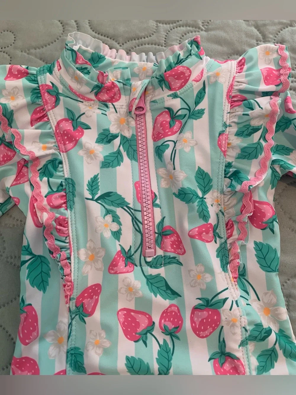 Tommy Bahama Strawberry Rash Guard 1 Piece Swimsuit Floral Striped Pink Blue 18M